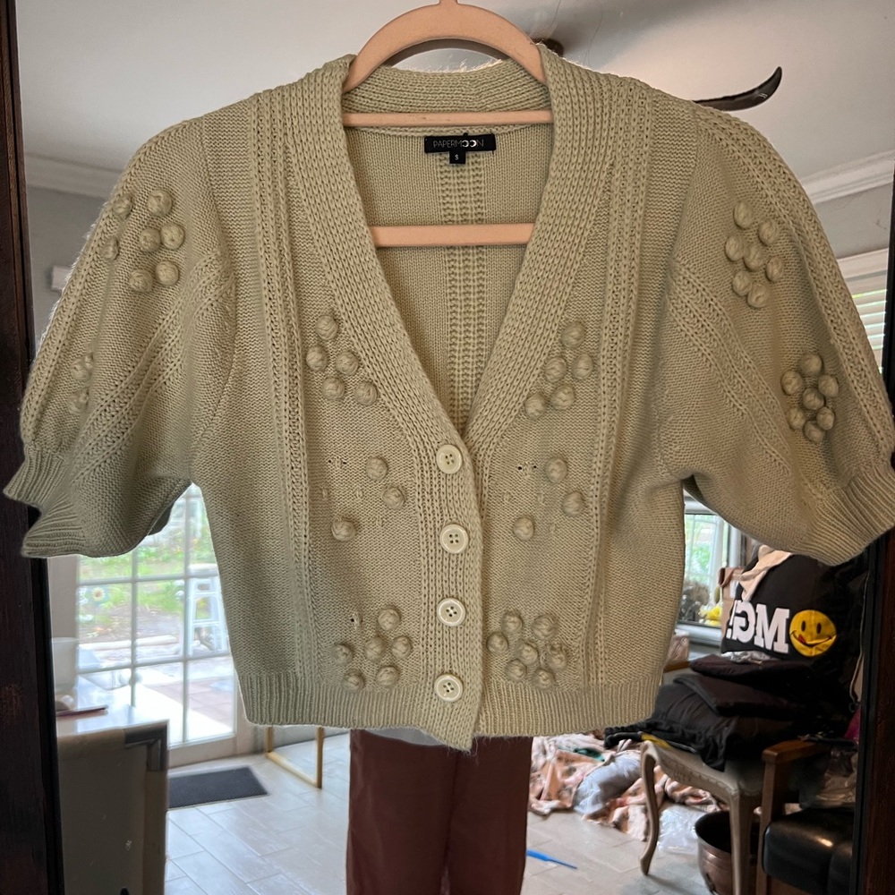 Papermoon Light Green Bobble-Embellished Cropped Cardigan Small